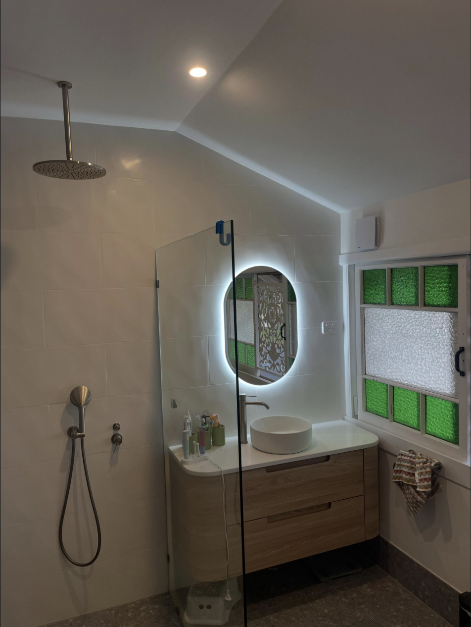 Bathroom fit-out — backlit LED mirror, downlights